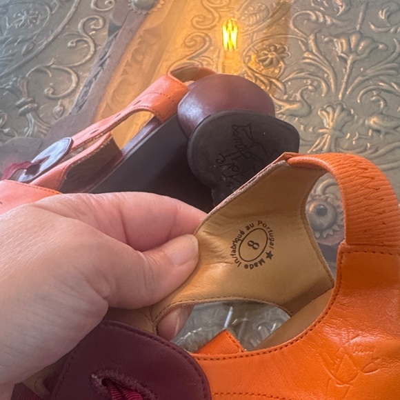 John Fluevog Orange and Burgundy Leather Slingback Heels - Picture 5 of 8